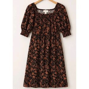 Floral Puff Sleeve Midi Dress Women Small Cottagecore Prairie Fall Square Neck